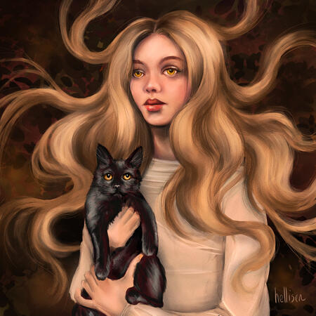 illustration witch and cat
